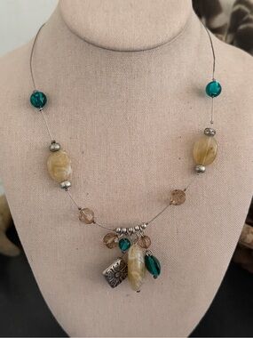 Vintage Teal & Amber Bead & Silver Charm Pendant Necklace
